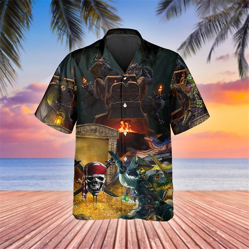 Men's Skull Pirate Shirt Button Up Shirt Short Sleeve Tropical Sports Streetwear Casual Beach Summer Spring Turndown Print Button-Down Yellow3