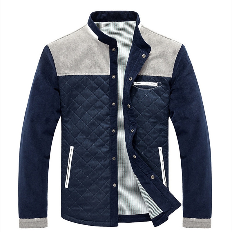 Men's Bomber Jacket Quilted Jacket Padded Button-Down Outdoor Camping & Hiking Climbing Short Jackets Windproof Warm Spring Fall Patchwork Coffee blue White gray blue Puffer Jacket3