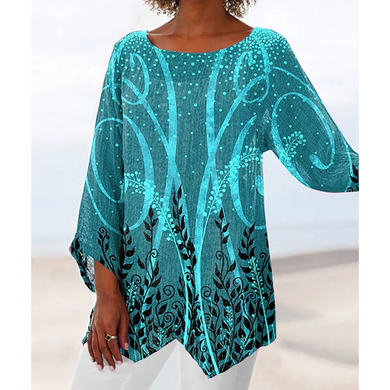Women's Blouse Long Sleeve Asymmetrical Hem Chiffon Daily Basic Leaf Print Long Tops Round Neck Casual Holiday Blue Green Gray Fall & Winter3