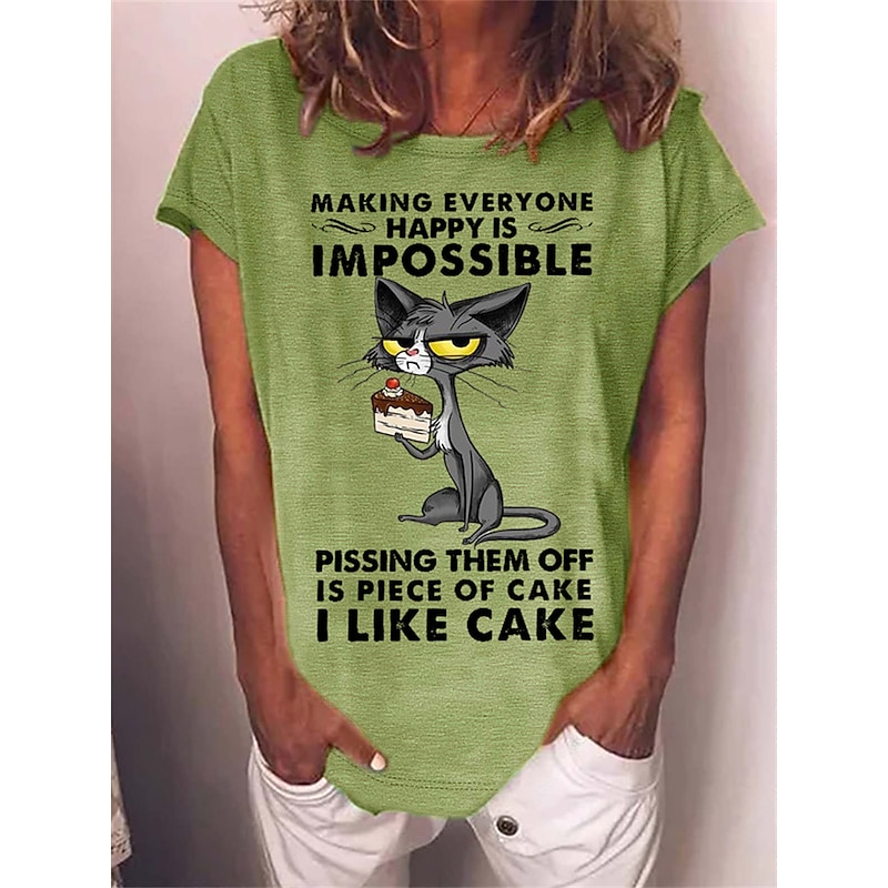 Women's T Shirt Cat Letter Text Basic Short Sleeve Round Neck Regular Tops Daily Weekend Print White Red Blue Green Gray Spring, Fall, Winter, Summer3