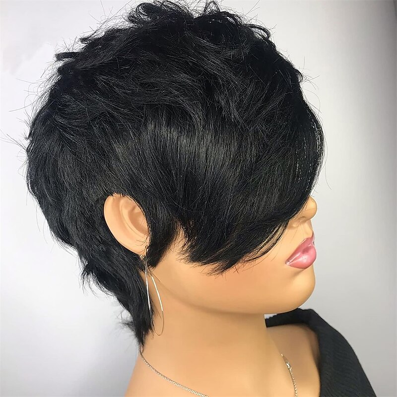 Pixie Cut Wig for Black Women 100% Virgin Human Hair None Lace Front Layered Wigs with Bangs Brazilian Real Human Hair Short Pixie Wigs for Black Women Daily Use Natual Black Color2