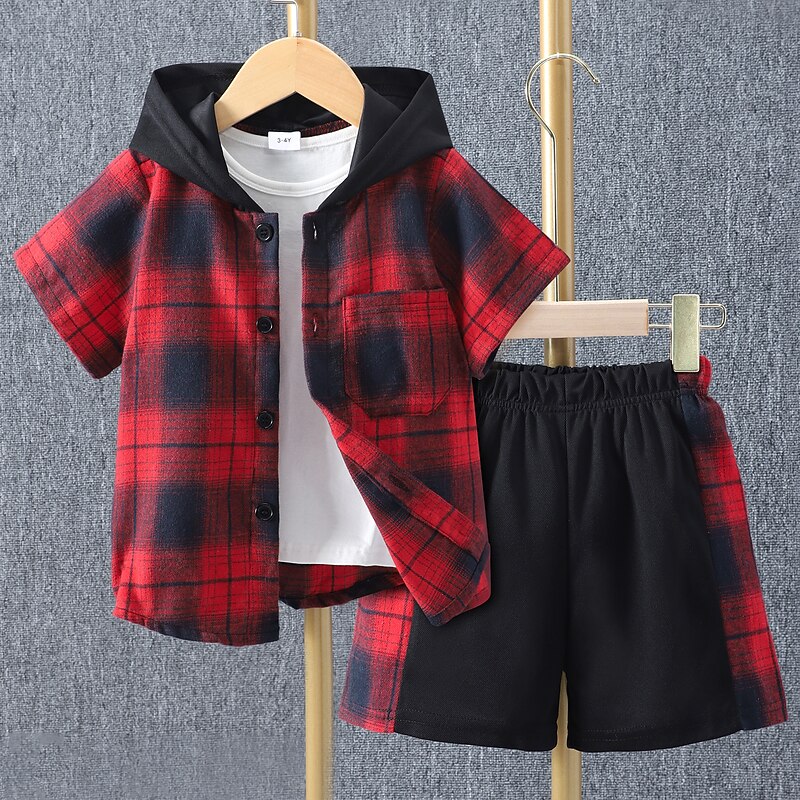 2 Pieces Kids Boys Clothing Set Outfit Plaid Short Sleeve Set Casual Basic Summer 3-7 Years Black Yellow Red4
