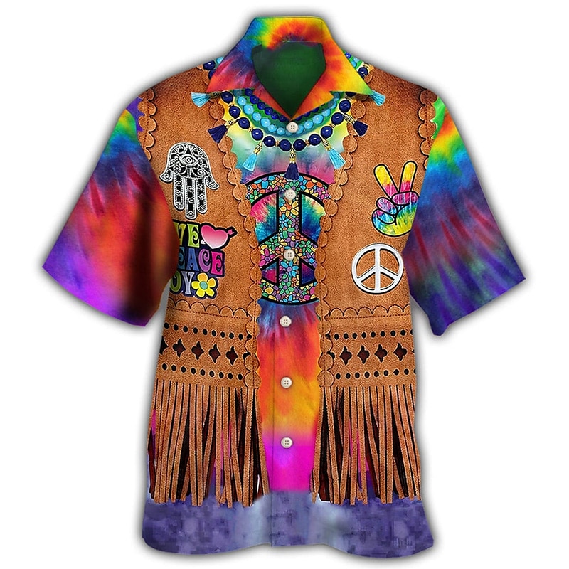 Men's Colorful Hippie Shirt Summer Hawaiian Shirt Aloha Shirt Short Sleeve Shirt Cuban Collar Sports Fashion Streetwear Outdoor Casual Hawaiian Yellow Black / Brown Brown S M L3