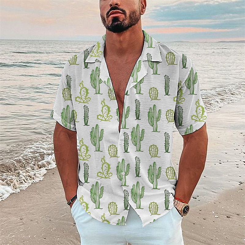 Men's Cactus Tropical Plants Shirt Summer Hawaiian Shirt Aloha Shirt Short Sleeve Shirt Turndown Fashion Designer Casual Outdoor Street Casual White Yellow Orange 3D Print S M L3