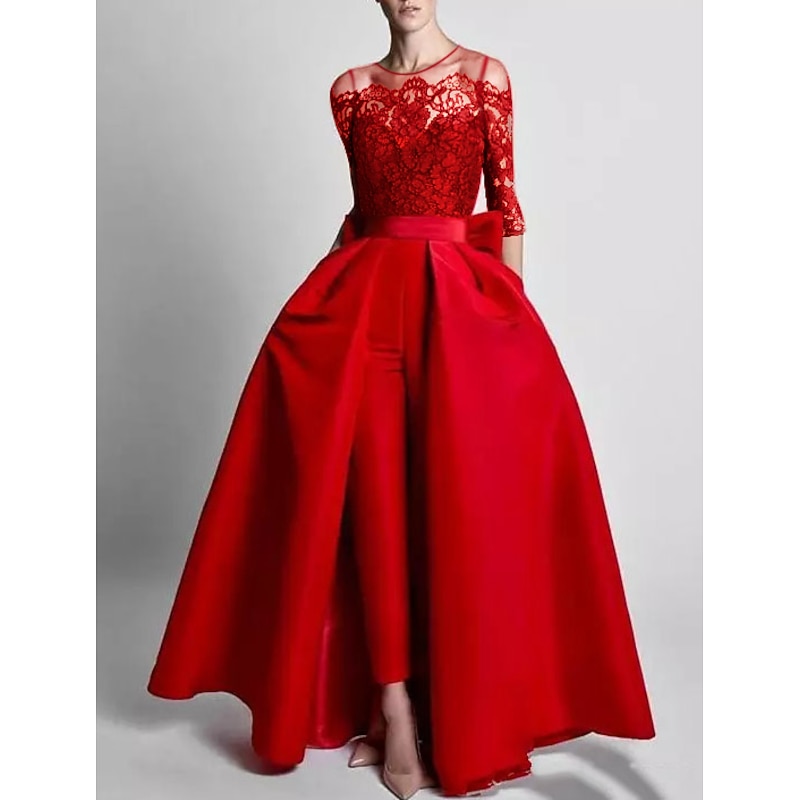 Jumpsuits Evening Gown Elegant Dress Wedding Guest Wedding Party Floor Length 3/4 Length Sleeve Off Shoulder Pocket Stretch Fabric with Embroidery