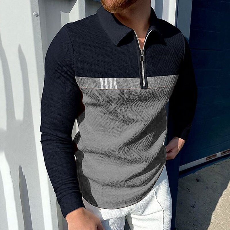 Men's Zip Polo Golf Shirt Business Daily Wear Quarter Zip Long Sleeve Fashion Classic Style Color Block Zipper Spring Fall Red Navy Blue Dark Green Dark Grey Zip Polo3