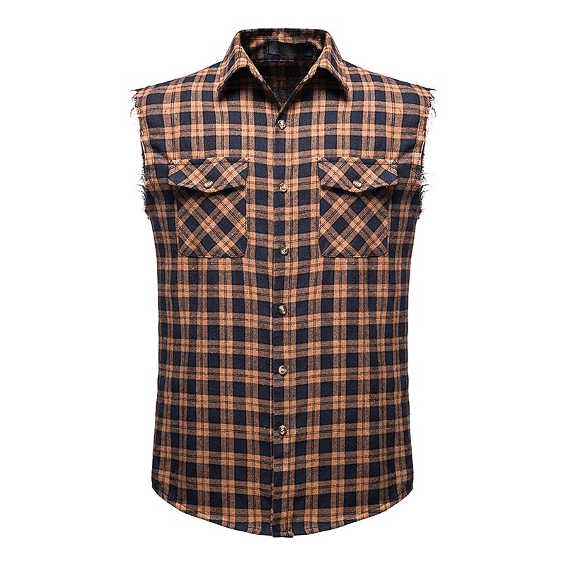 Men's Shirt Summer Shirt Casual Shirt Button Up Shirt Checked Shirts Black Wine Red khaki Gray Sleeveless Plaid Graphic Prints Turndown Vacation Street Print Clothing Apparel Cotton Cotton Blend3