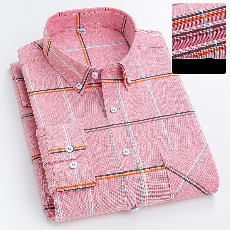 Men's Dress Shirt Button Down Shirt Oxford Shirt Plaid Wedding Office / Career Light Pink Light Blue White Yellow Long Sleeve Button Down Collar Spring &  Fall Clothing Apparel Front Pocket