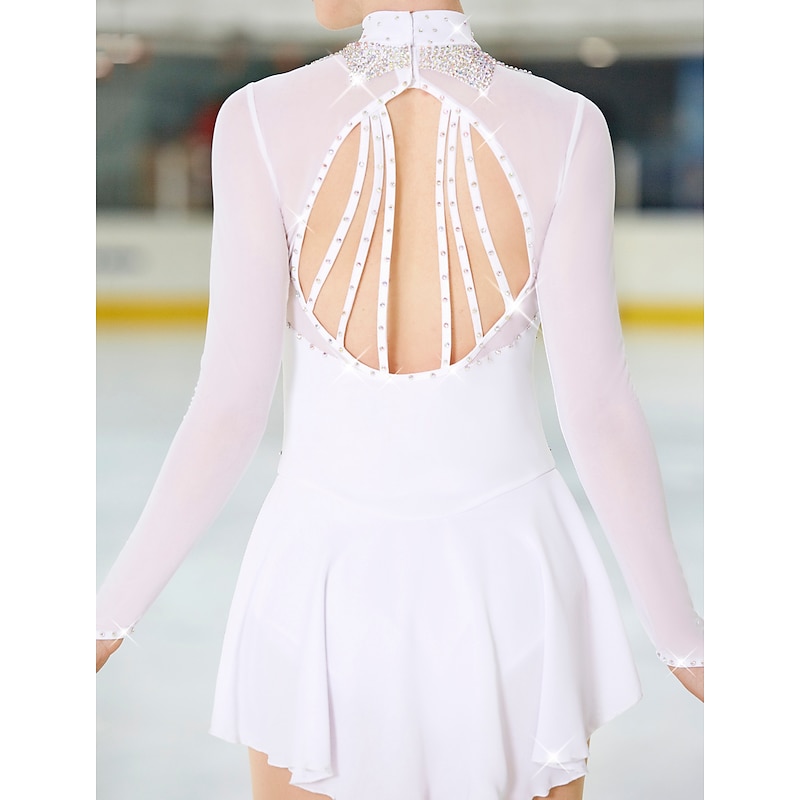Figure Skating Dress Women's Girls' Ice Skating Dress Outfits Light Yellow White Pink Open Back Mesh Spandex High Elasticity Competition Skating Wear Handmade Ice Skating Figure Skating3