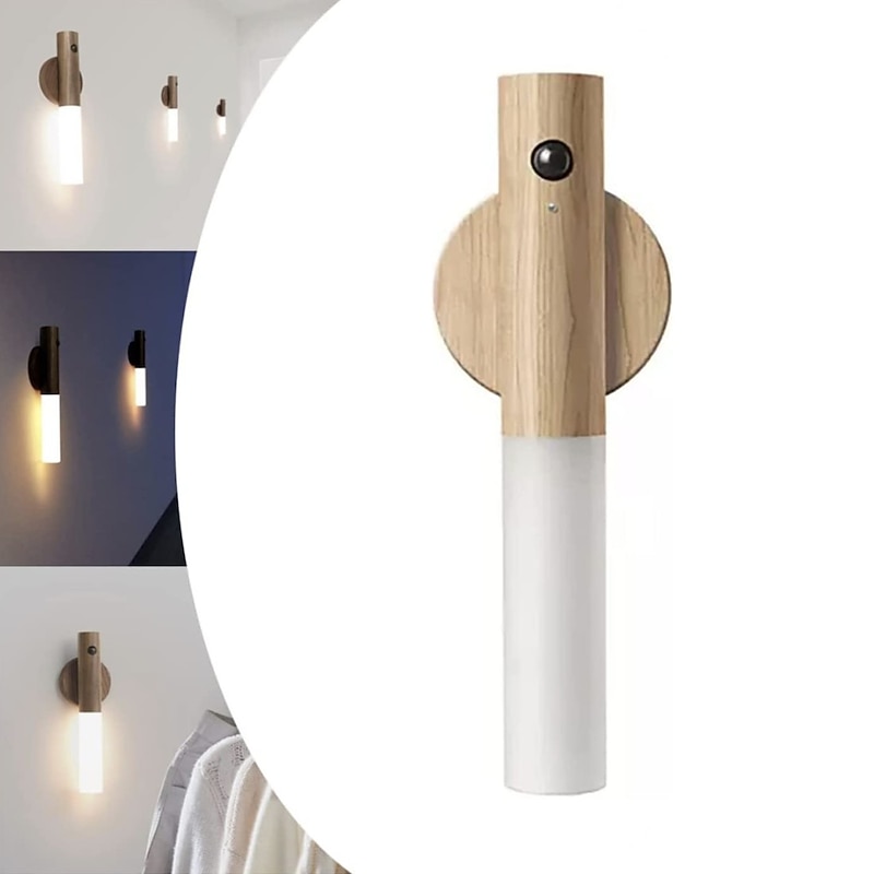 Motion Sensor Night Lights Magnet Body Sensor Hallway Night Lights Rechargeable Led Light Portable Stairway Night Lights Wooden Wall Sconce Battery Powered Cabinet Lights3