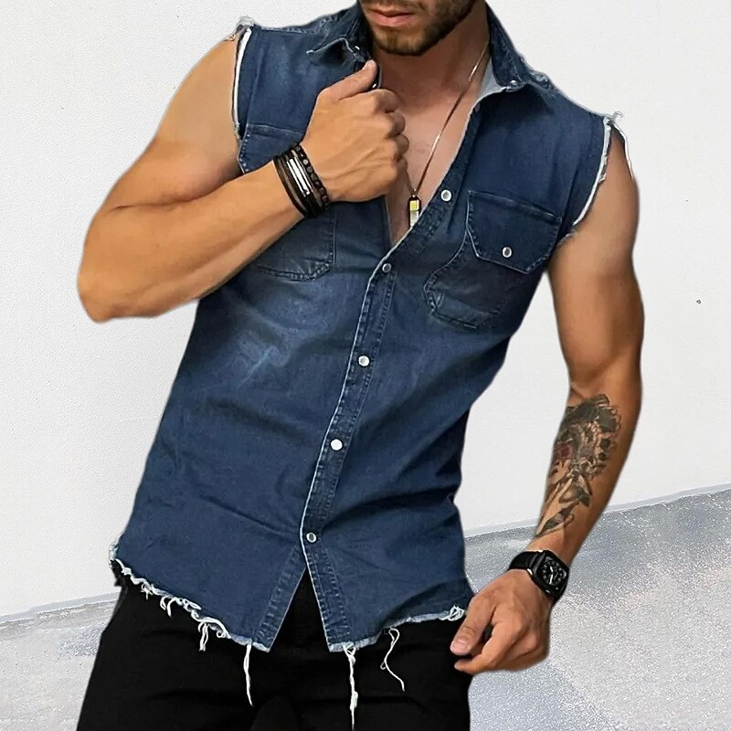 Men's Summer Shirt Button Up Shirt Denim Shirt Black Blue Sleeveless Plain Turndown Vacation Daily Denim Clothing Apparel Polyester Fashion Casual Comfortable2