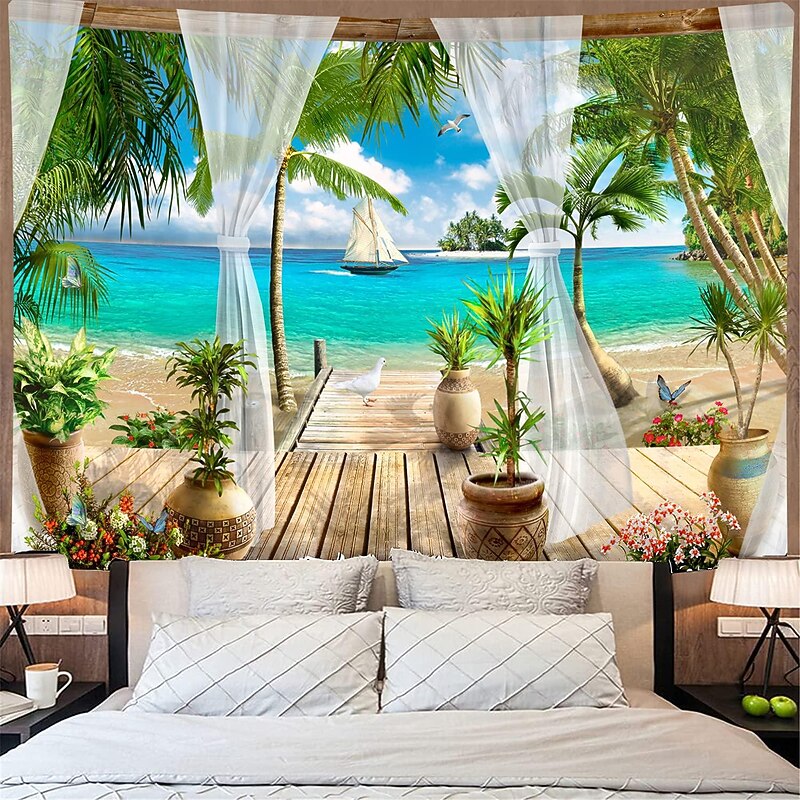 Beach Theme Hanging Tapestry Wall Art Large Tapestry Mural Decor Photograph Backdrop Blanket Curtain Home Bedroom Living Room Decoration 7
