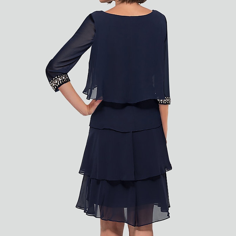 Sheath Cocktail Dresses Elegant Dress Semi Formal Knee Length Half Sleeve Jewel Neck Fall Wedding Guest Chiffon with Rhinestone Ruffles3