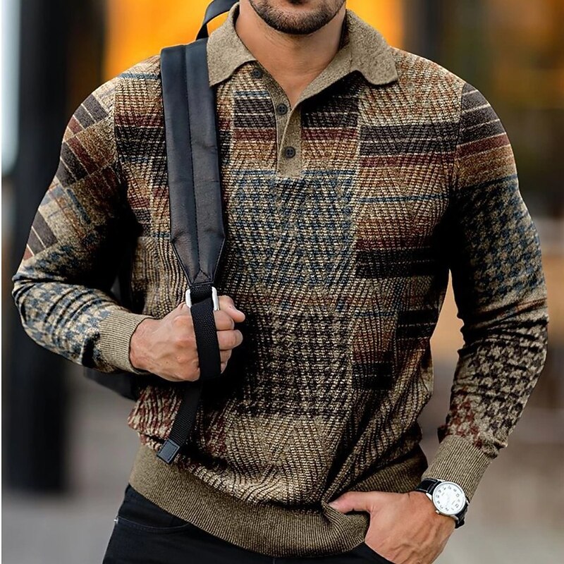 Men's Plaid Polo Shirts Golf Shirt Long Sleeve Polo Shirts Collared Shirts Vintage Casual Vacation Wear Formal Wear Festival Wear 3D Print Buttons Dark Brown Blue Chocolate3