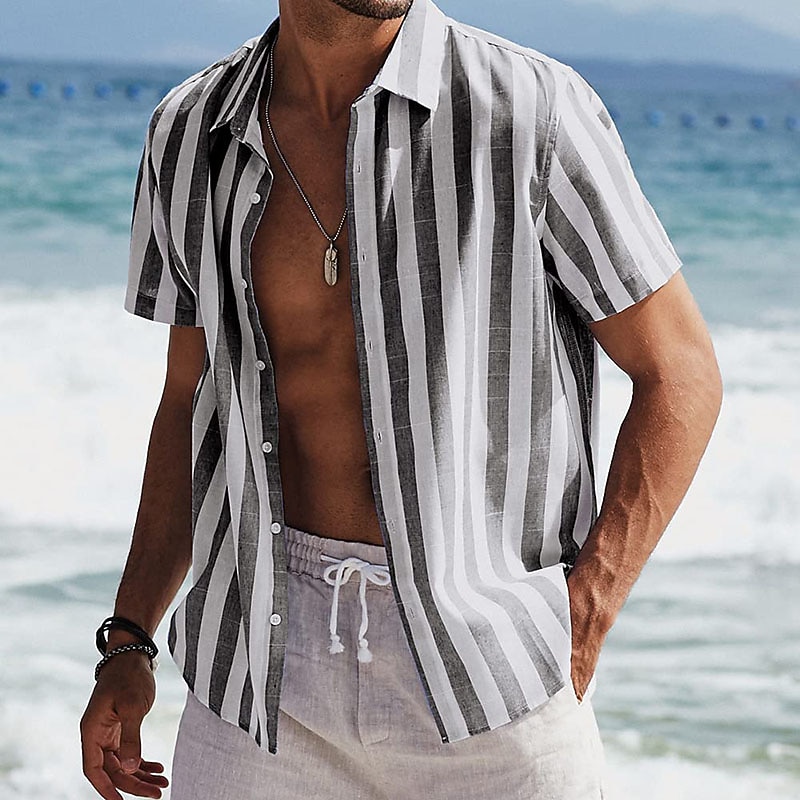 Men's Shirt Summer Shirt Casual Shirt Beach Shirt Button Up Shirt Striped Shirts Black Pink Green Dark Blue Gray Short Sleeve Striped Lapel Vacation Street Print Clothing Apparel Polyester Fashion3