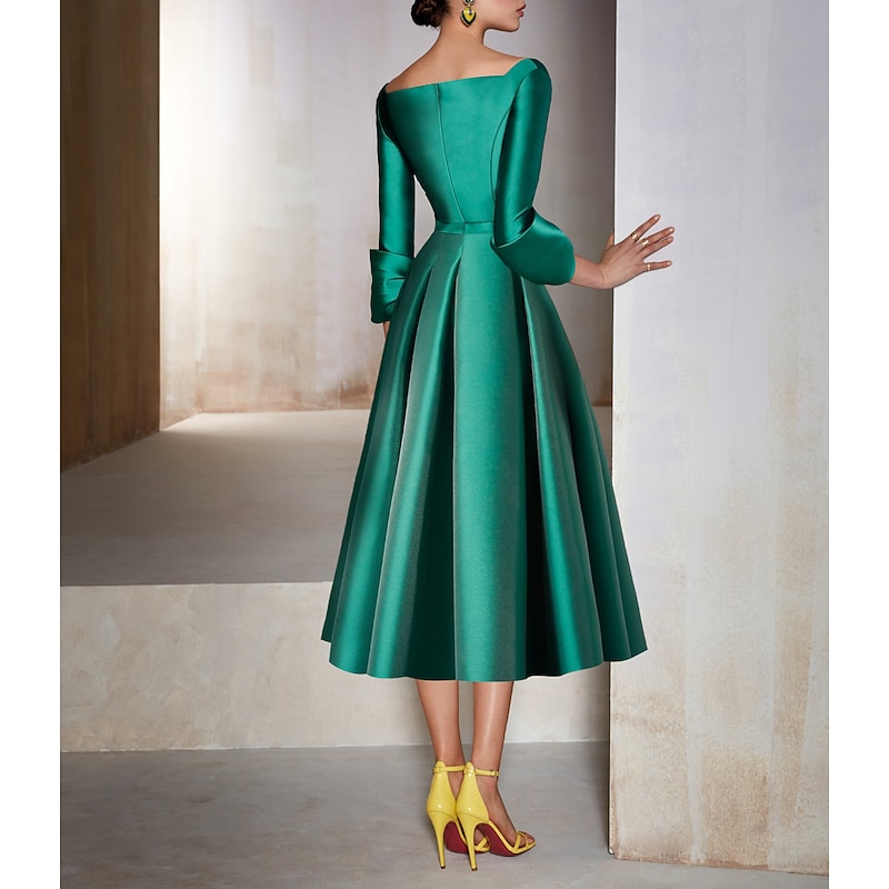 A-Line Cocktail Dresses Elegant Dress Formal Wedding Guest Tea Length 3/4 Length Sleeve V Neck Satin with Pleats Dresses2