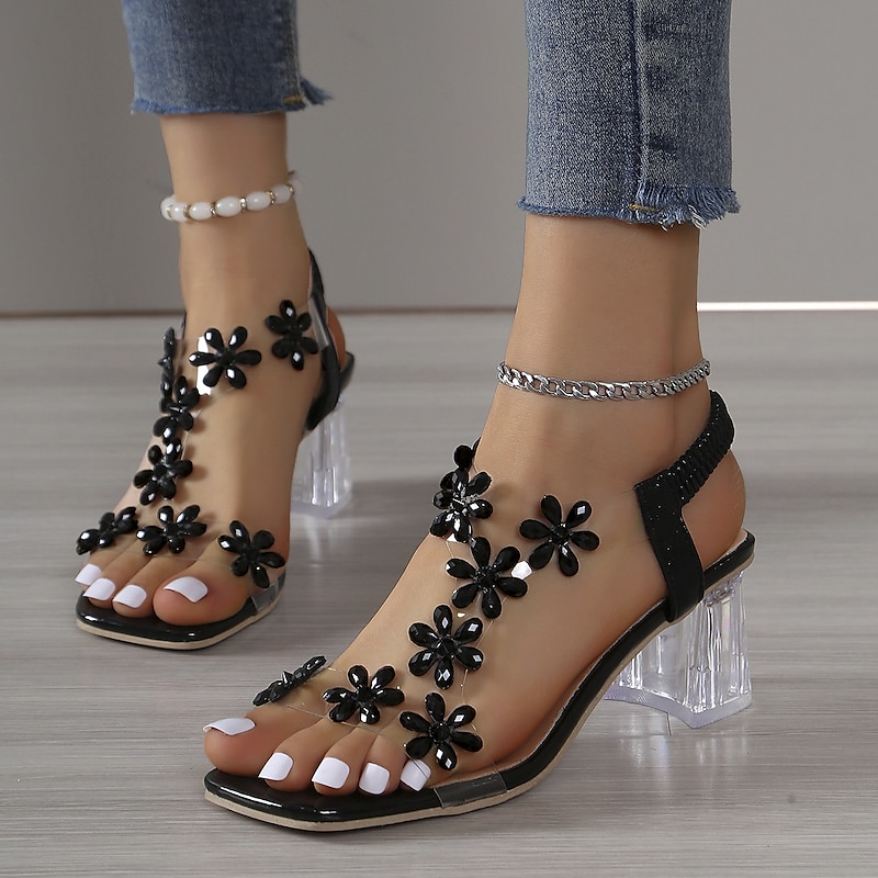Women's Rhinestone Floral Embellished Clear Heel Sandals – Elegant Open-Toe High Heel Shoes for Weddings and Special Occasions4