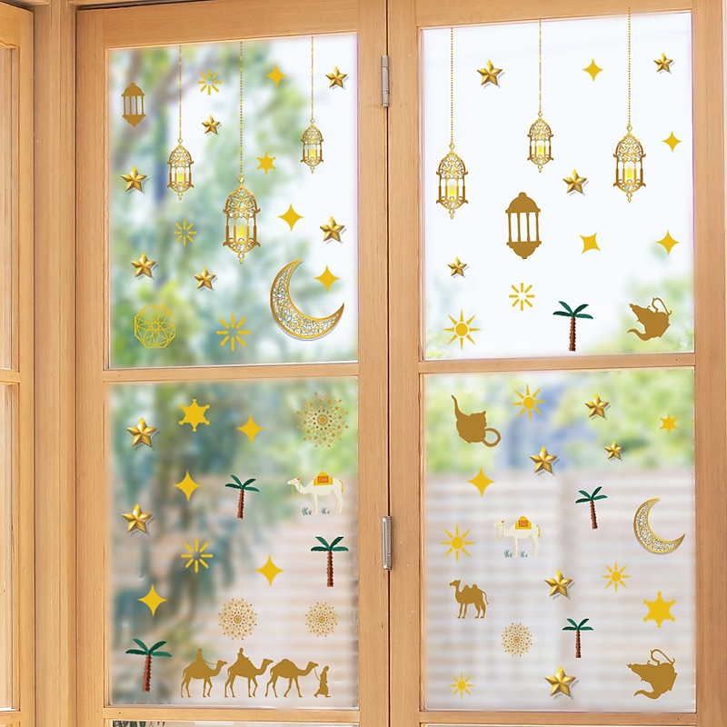 Ramadan Festival 2 Pcs  Moon Lantern Star Wall Decal Paper Static Sticker Glass Sticker Window Double-sided Visible Decorative Wall Decal Muslim