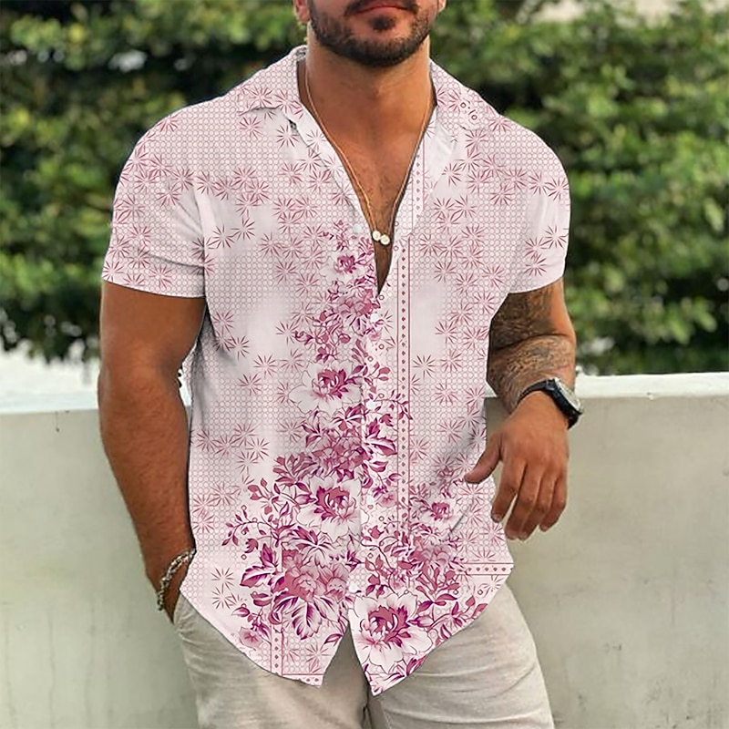Men's Floral Ethnic Shirt Boho Shirt Button Up Shirt Short Sleeve Tropical Designer Boho Casual Beach Summer Spring Turndown Print Button-Down Yellow Pink Blue Green Gray4