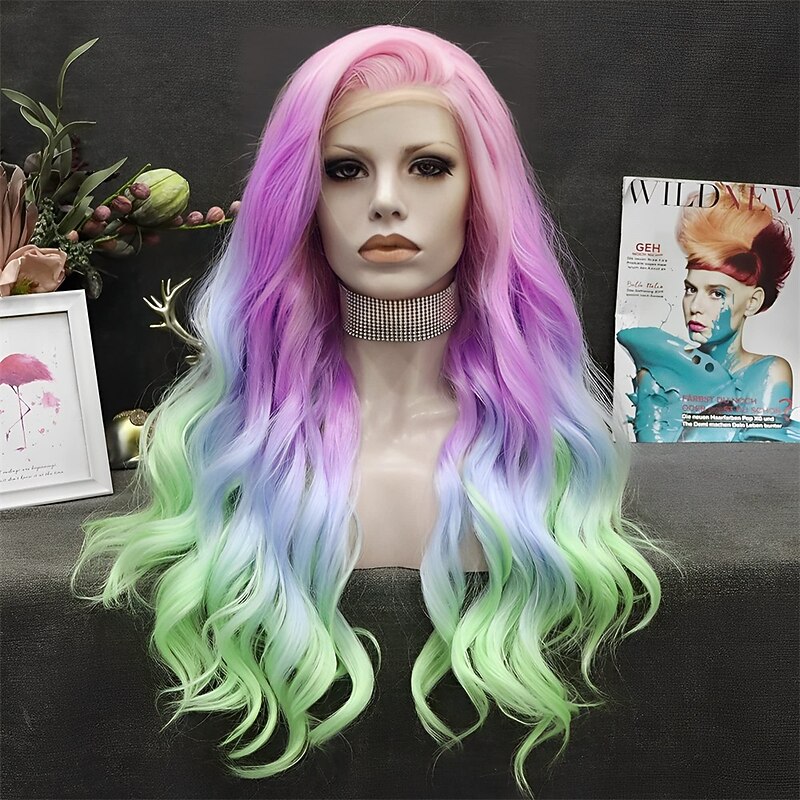 Rainbow Synthetic Wigs Colorful Natural Wave Synthetic Wig for Drag Queen Mermaid Cosplay Party 26 inches Halloween Wigs3