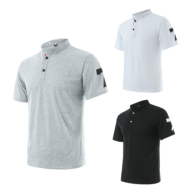 Men's Button T Shirt Henley Shirt Short Sleeves Standing Collar Summer Number Streetwear Stylish Modern Buttons Vacation Casual Daily Black White Light Grey Top Tee for Men