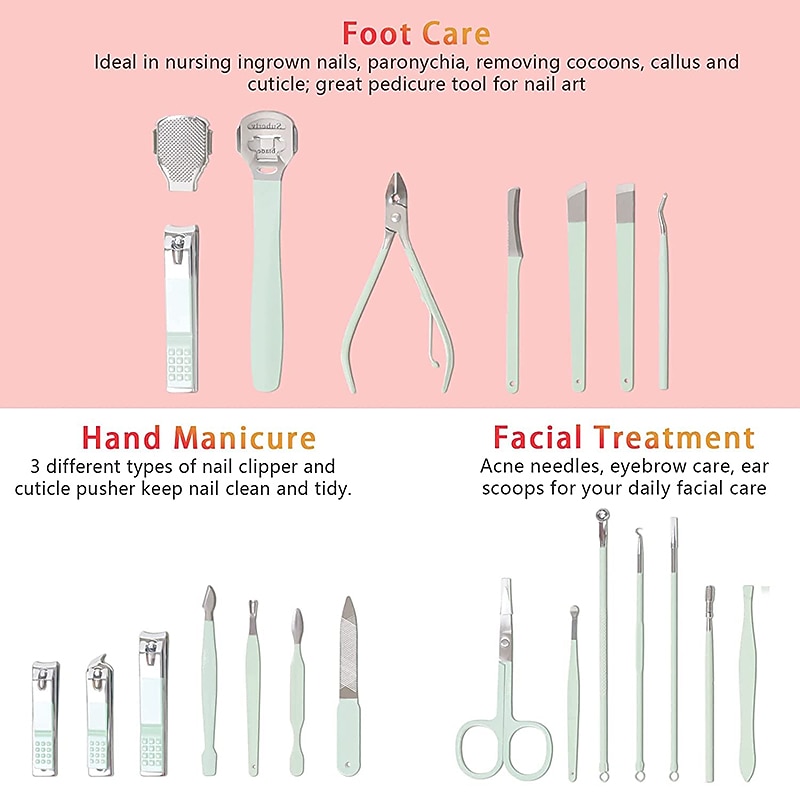 Manicure Set Nail Clippers Pedicure Kit -22 Pieces Stainless Steel Professional Manicure Kit Grooming Kits Nail Care Tools with Luxurious Travel Leather Case Gift Box Blue Green2
