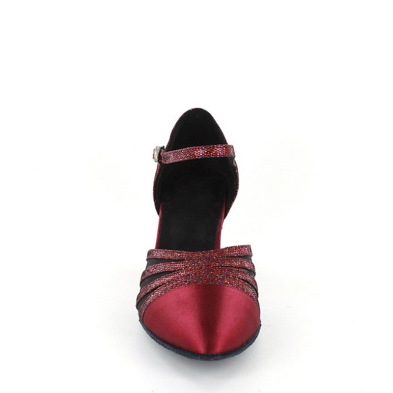 Women's Red Satin Dance Shoes with Mesh Straps, Soft Suede Sole and Adjustable Buckle - Comfortable Heel for Latin, Ballroom, and Social Dancing3
