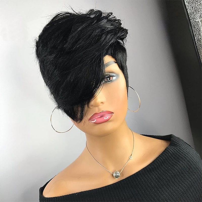 Pixie Cut Wig for Black Women 100% Virgin Human Hair None Lace Front Layered Wigs with Bangs Brazilian Real Human Hair Short Pixie Wigs for Black Women Daily Use Natual Black Color