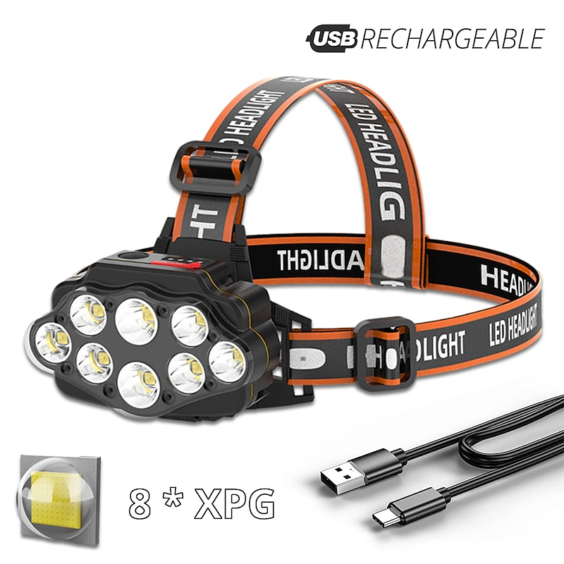 Rechargeable LED Headlamp Wide Range Lighting Headlights 4 Lighting Modes 8*XPG Camping Lantern Powerful Headlamp Fishing Lamp
