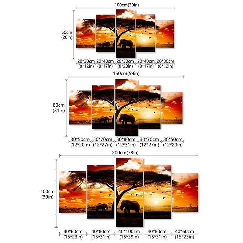 5 Panels Wall Art Canvas Prints Posters Painting Artwork Picture Elephant Animal Tree Sunset Home Decoration Décor Rolled Canvas With Stretched Frame2