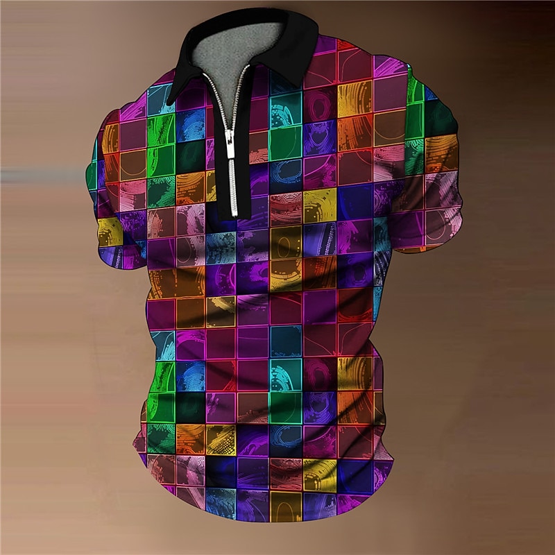 Men's Graphic Zip Polo Shirts Golf Shirt Short Sleeve Polo Shirts Collared Shirts Casual Vacation Wear Rave Wear Party Outfits 3D Print Quarter Zip Polo Fuchsia Green