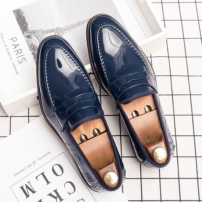 Men's Navy Blue Patent Faux Leather Loafers – Classic Slip-On Dress Shoes with High-Gloss Finish, Perfect for Formal Occasions and Business Wear