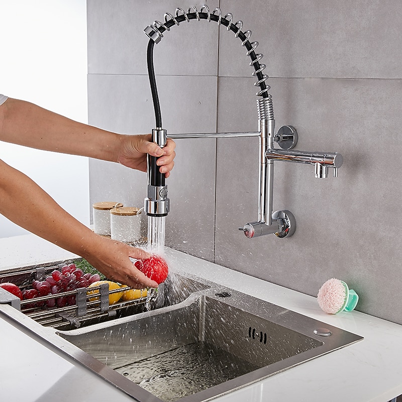 Wall Mounted Kitchen Sink Faucet Only Cold Water Pull Down Sprayer, 360 Swivel Pull Out Kitchen Taps 2 Sprayer Mode Vessel Water Tap Gold Black Chrome