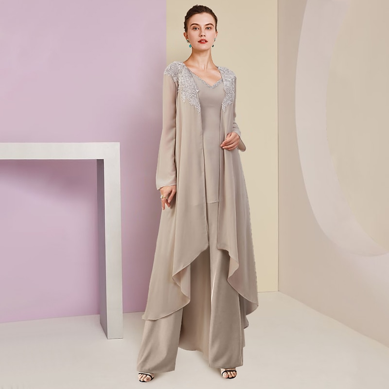 Beach Wedding Pantsuit 3 Piece Mother of the Bride  Formal Wedding Guest Elegant V Neck Floor Length Chiffon Lace Sleeveless Wrap Included with Beading Appliques