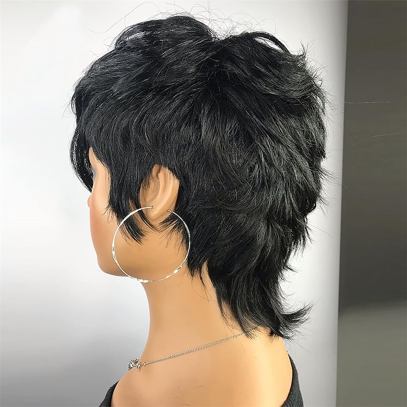 Pixie Cut Wig for Black Women 100% Virgin Human Hair None Lace Front Layered Wigs with Bangs Brazilian Real Human Hair Short Pixie Wigs for Black Women Daily Use Natual Black Color4