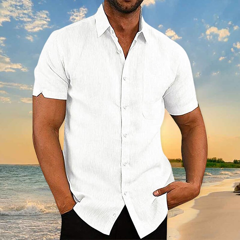 Men's Shirt Linen Shirt Summer Shirt Beach Wear Button Up Shirt Plain Vacation Curise Black White Green Khaki Short Sleeve Collar Clothing Apparel2