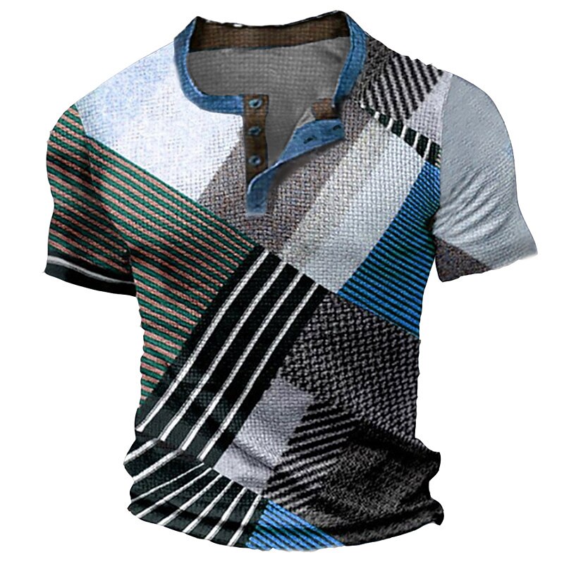 Men's Graphic Color Block Waffle Henley Shirt Tee Vintage Shirt Short Sleeve 3D Print Fashion Designer Comfortable Outdoor Casual Daily Summer Black Blue Sky Blue Brown Gray Henley Henley T-Shirt2