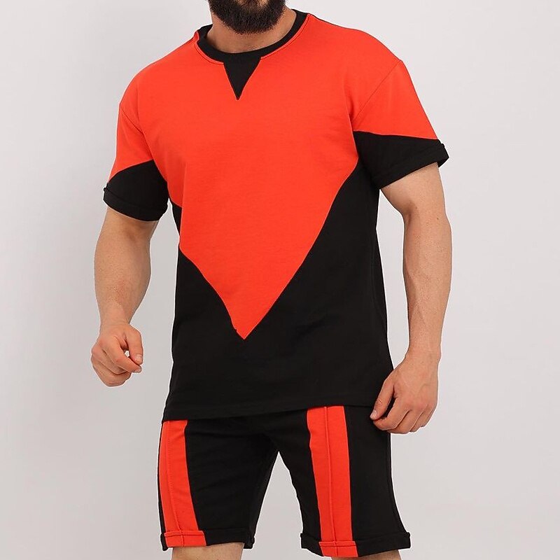 Men's Shorts and T Shirt Set Short Sleeves Crew Neck Summer Color Block Stylish Modern Contemporary Comfortable 2 Piece Vacation Casual Daily Black White Red Top Tee for Men