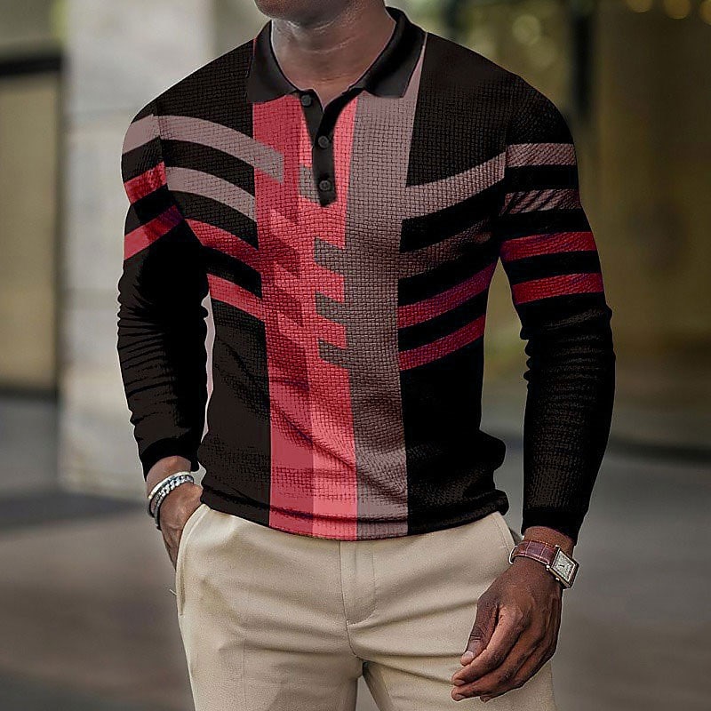 Men's Plaid Waffle Polo Shirts Golf Shirt Long Sleeve Polo Shirts Collared Shirts Vintage Casual Vacation Wear Formal Wear Festival Wear 3D Print Buttons Black Red Blue4