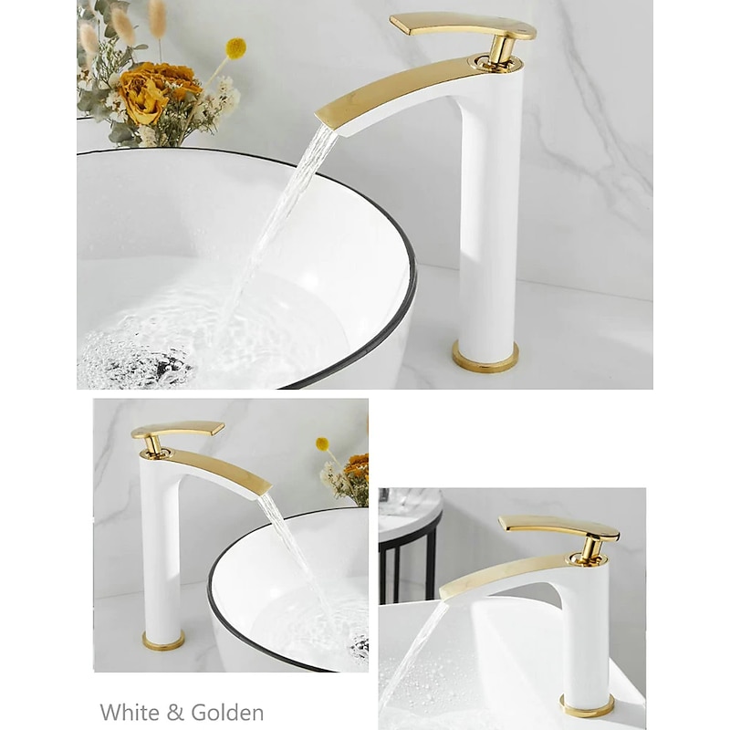 Bathroom Waterfall Sink Faucet, Basin Mixer Taps Tall Short Brass, Deck Mounted Single Handle One Hole Tap with Hot and Cold Hose Vessel Water Tap Washroom2