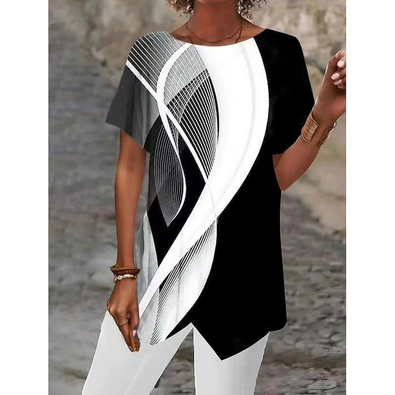 Women's Blouse Asymmetrical Hem Basic Abstract Print Short Sleeve Long Tops Round Neck Casual Silver Black White Blue Khaki