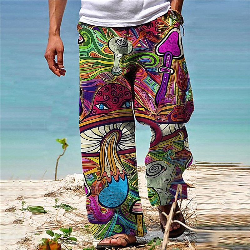 Men's Trousers Summer Pants Beach Pants Drawstring Elastic Waist 3D Print Graphic Prints Mushroom Comfort Casual Daily Holiday Cotton Blend Streetwear Hawaiian Red Purple3