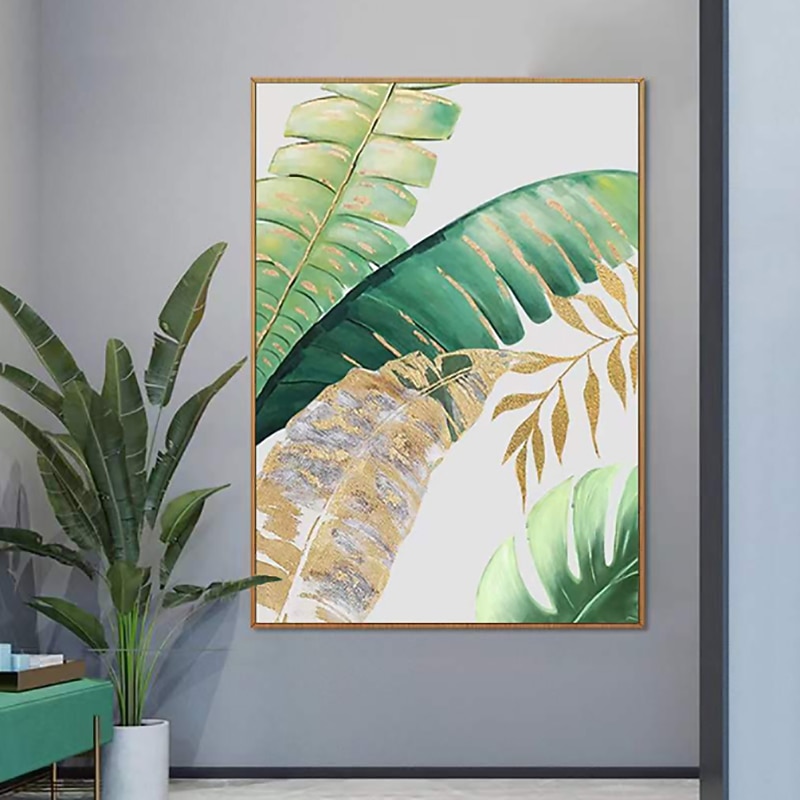 Handmade Oil Painting Canvas Wall Art Decoration Modern Abstract Plant Flower Green and Gold Banana Leaf for Home Decor Rolled Frameless Unstretched Painting4