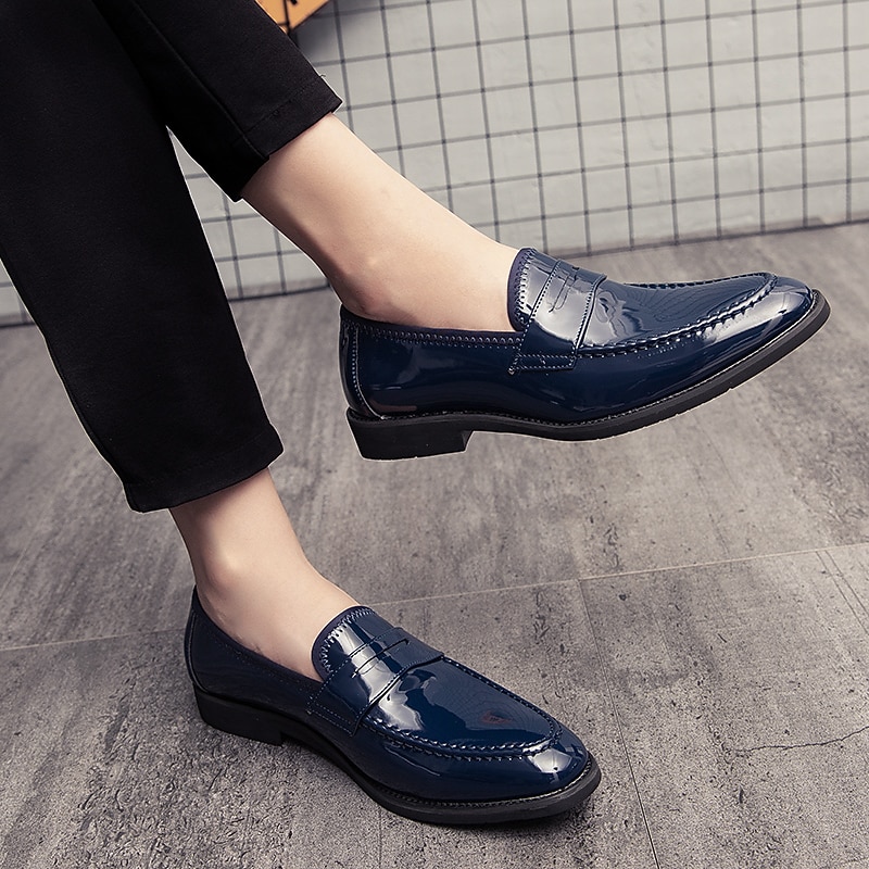 Men's Navy Blue Patent Faux Leather Loafers – Classic Slip-On Dress Shoes with High-Gloss Finish, Perfect for Formal Occasions and Business Wear3