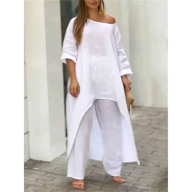 Women's Linen-Inspired Sets Two Piece Sets Pure Color Fashion Simple Casual Street Date Airport Breathable Crew Neck Long Sleeve Pant Summer Spring Home Outfits2