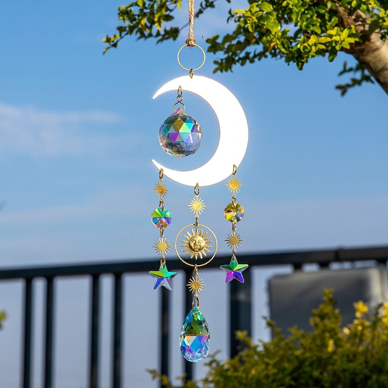 Wall Art Decor, Moon Star Suncatcher Pendant  Crystal Pendant Chandelier Rainbow Create Hanging Ornament Wall Hanging Tree Window Prism Ornament for Room Home Office Garden Decor3