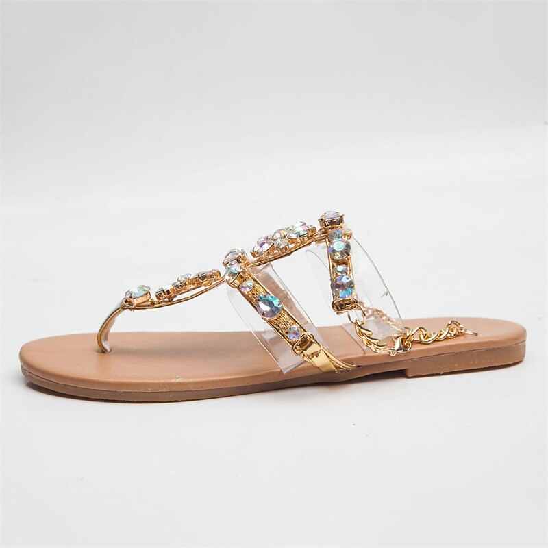 Women's Rhinestone Flat Sandals – Gold Crystal-Embellished T-Strap Sandals with Ankle Chain, Elegant Summer Beach Wedding Shoes3
