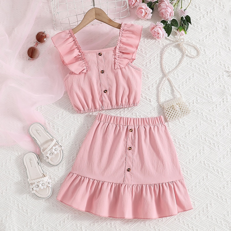 2 Pieces Kids Girls' Solid Color Ruffle Dress Suits Set Sleeveless Fashion School 7-13 Years Summer Ivory