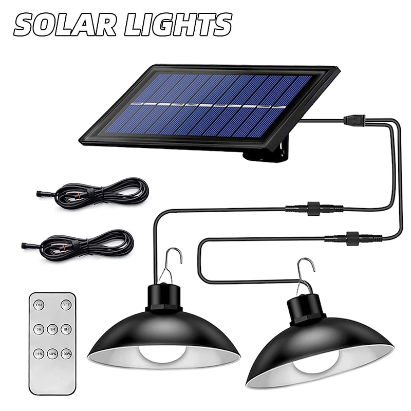 Solar Pendant Lights Outdoor Indoor String Lights Dimmable IP65 Waterproof Dual Head Solar Shed Light with 3M Cord and Remote Controller