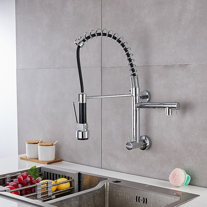 Wall Mounted Kitchen Sink Faucet Only Cold Water Pull Down Sprayer, 360 Swivel Pull Out Kitchen Taps 2 Sprayer Mode Vessel Water Tap Gold Black Chrome3